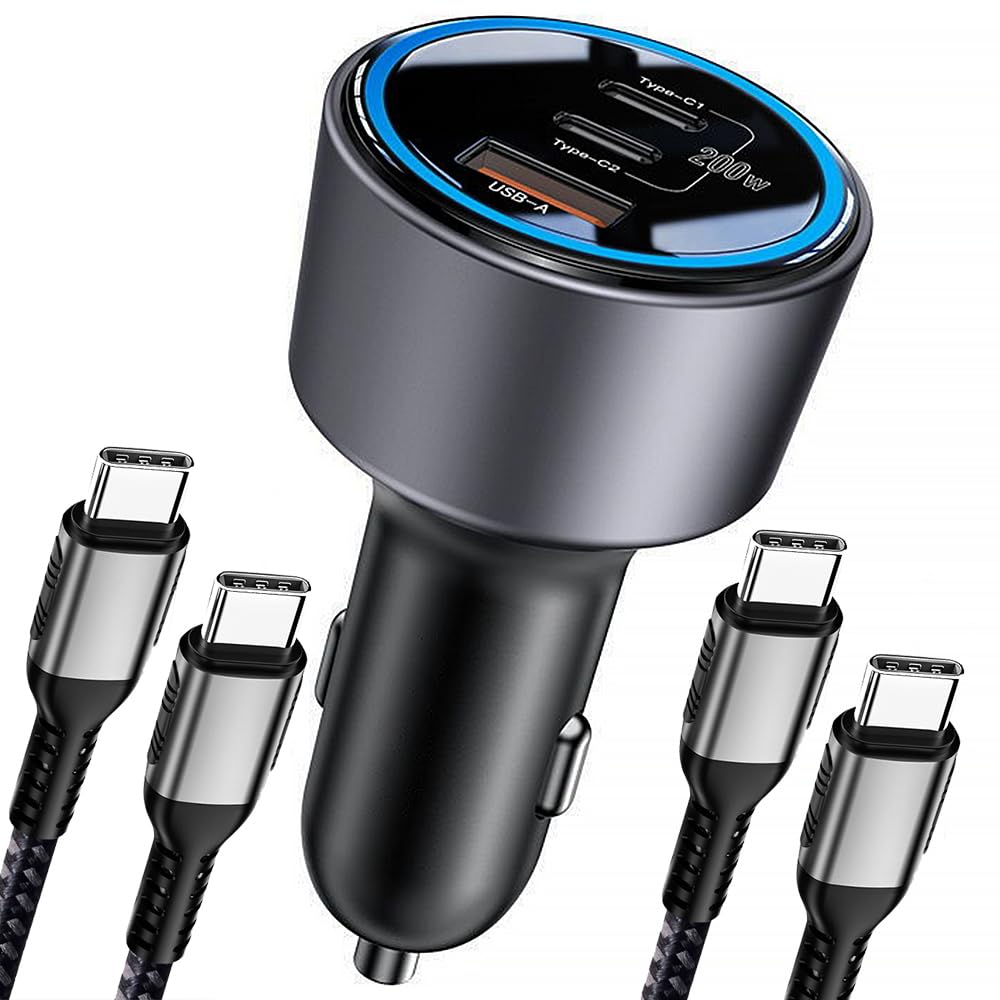 200W Car Charger, USB C Car Charger PD3.0 QC4.0 PPS Fast Charging Car Adapter with 2 100W USB C Cable 3 Port Type C Cigarette Lighter for Dell XPS