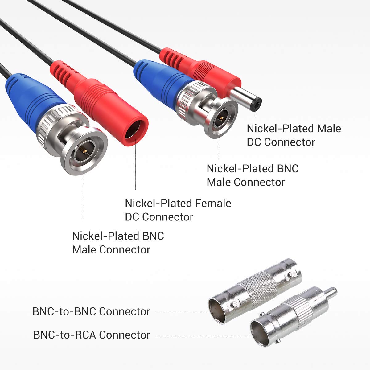SANNCE 4-Pack 100ft BNC Video and Power Security Camera Cable with BNC Connectors and RCA Adapters for CCTV Camera System 100pcs Cable Clips (Black)