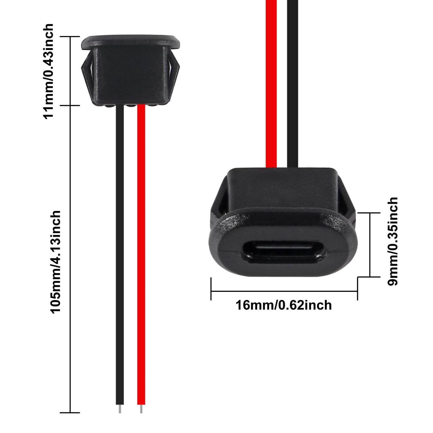 DWEII 10PCS Type-C Female Chassis Waterproof 2P Solder Wire Type USB C Pigtail Cable Extension Power Cable USB-C Plug to 2 Pin Bare Wire Open End