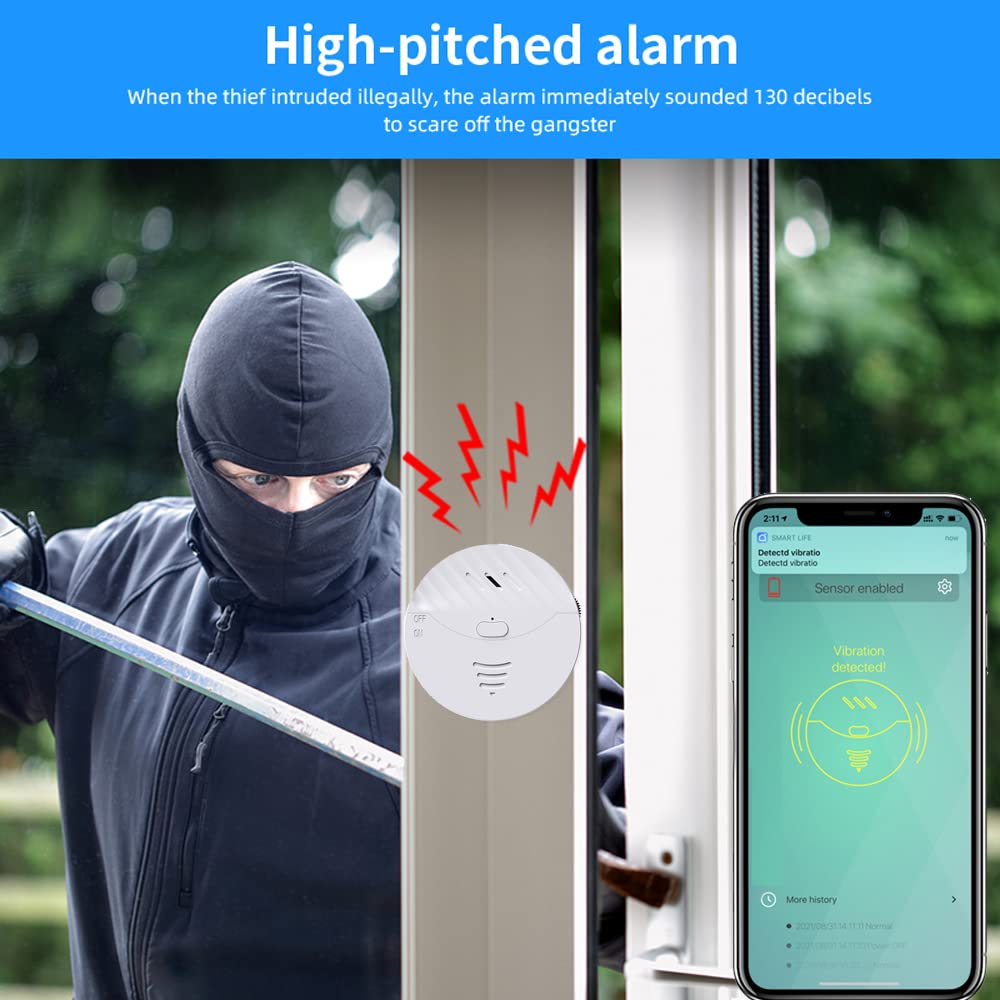 WiFi Window Alarm System, 2 Pack Glass Break Detection with Phone APP, 120dB Smart Alarms with Adjustable Vibration Sensor for Car,Home Security