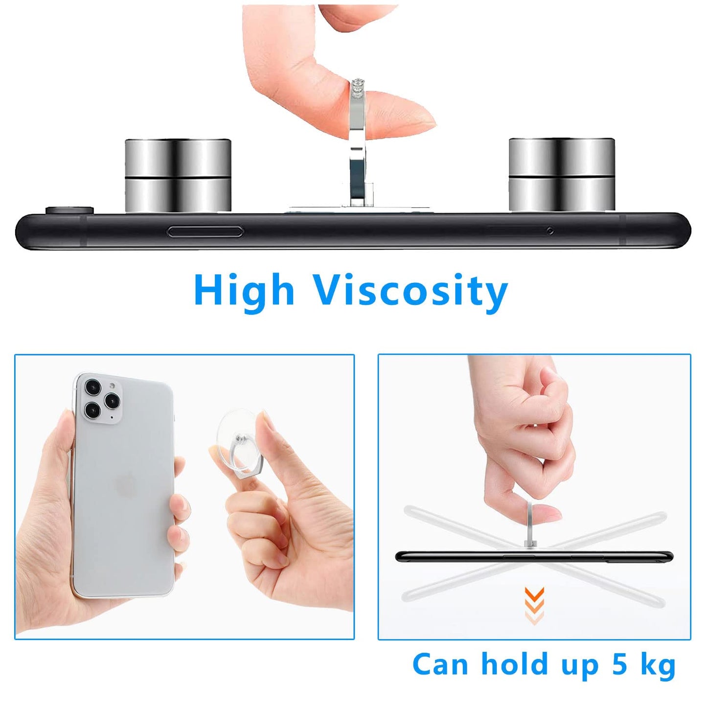 Kinizuxi Cell Phone Ring Holder Stand 5 Pack Silver, Transparent Phone Ring Holder Grip Finger Kickstand, 360° Rotation Phone Ring for Phone Cases