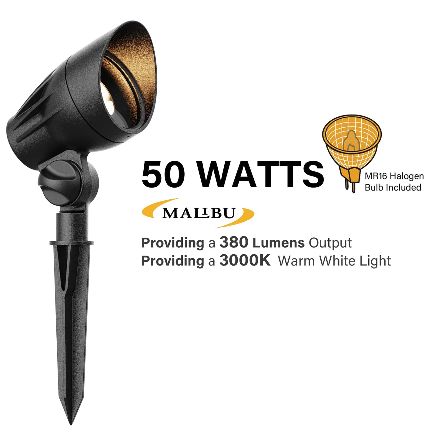 Malibu 50 Watt Floodlight Landscape Lights Outdoor Spotlight Waterproof Path Light Low Voltage Lighting with Spike Stand for Garden, Yard, Pathway