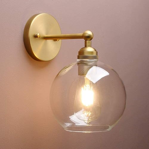 Yosoan Brass Boho Vanity Vintage Gold Bathroom Wall Sconce, Indoor Hardwired Wall Mounted Industrial Fixture Lights with Double Hole Round Glass Lamp