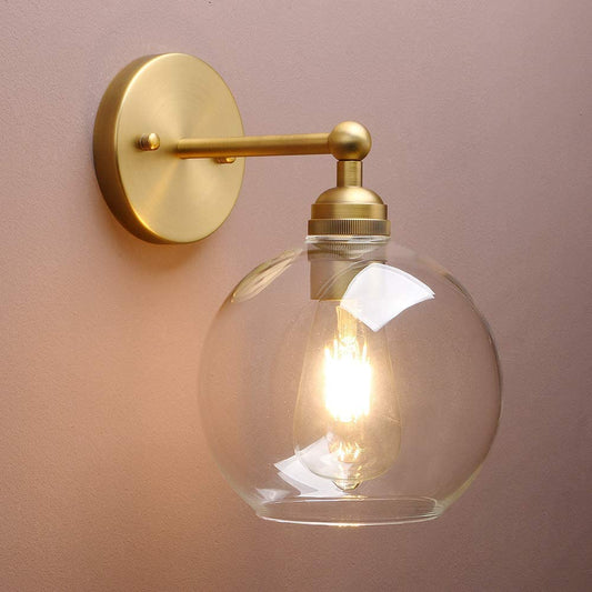 Yosoan Brass Boho Vanity Vintage Gold Bathroom Wall Sconce, Indoor Hardwired Wall Mounted Industrial Fixture Lights with Double Hole Round Glass Lamp