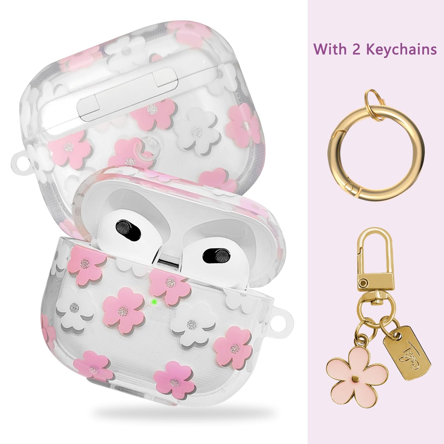 AIIEKZ Compatible with AirPods 3 Case Cover 2021, Soft TPU with Cute Flower Pattern for AirPods 3rd Generation Case with Flower Keychain and Carabiner