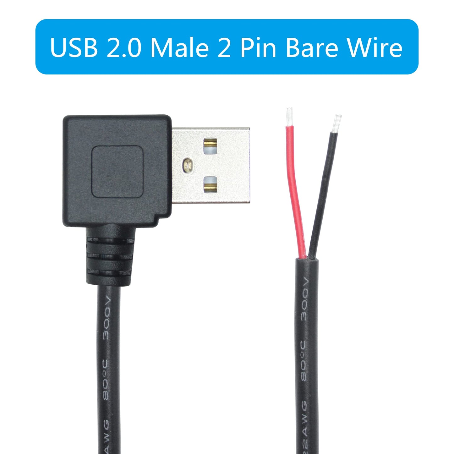 Maixbomr 90 Degree USB 2.0 Male Plug 2 Pin Bare Wire,1M/3FT USB A Male 2Pin Pigtail Open End Power Cable,for 5V/3A USB Equipment Installed or DIY