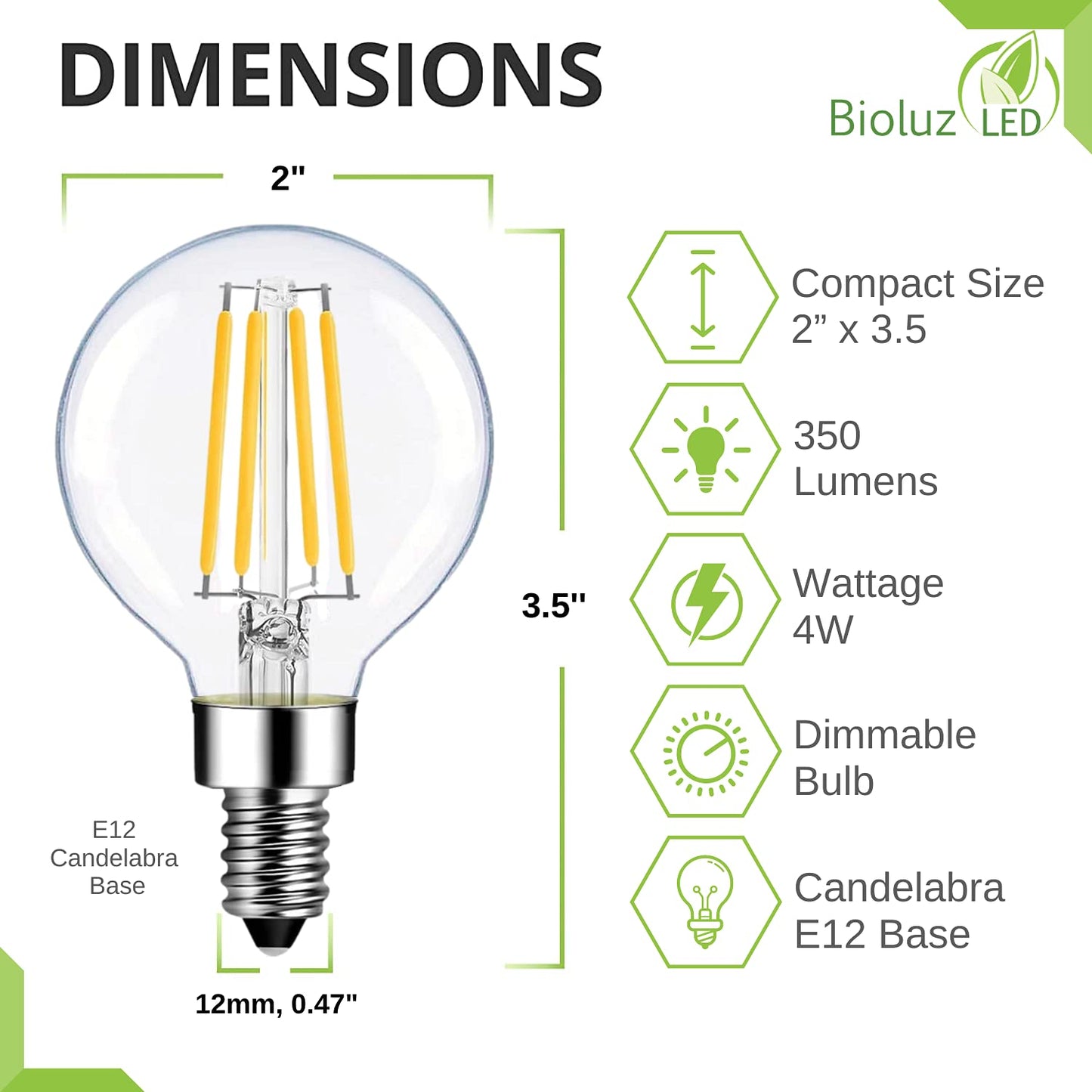 Bioluz LED 90 CRI G16.5 Light Bulb 40W Replacement (Uses only 4W) E12 Base Clear Glass Filament Pendant Warm White 2700K UL Listed Title 20 High