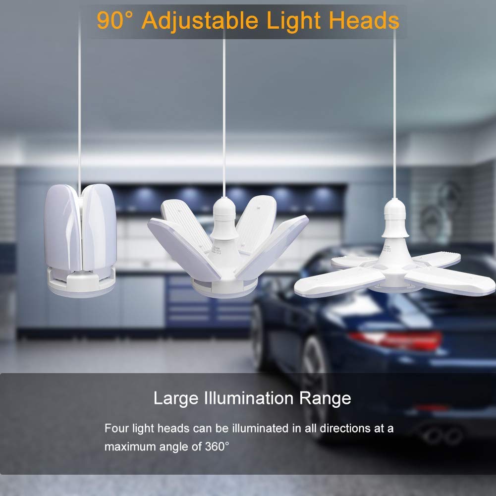 MACGO (2 Pack) LED Garage Lights, 60W Trilights Ceiling, High Low Bay Deformable Adjustable 4 Led Light Bulbs 6000LM 6000K, Screw in Tribright Garage