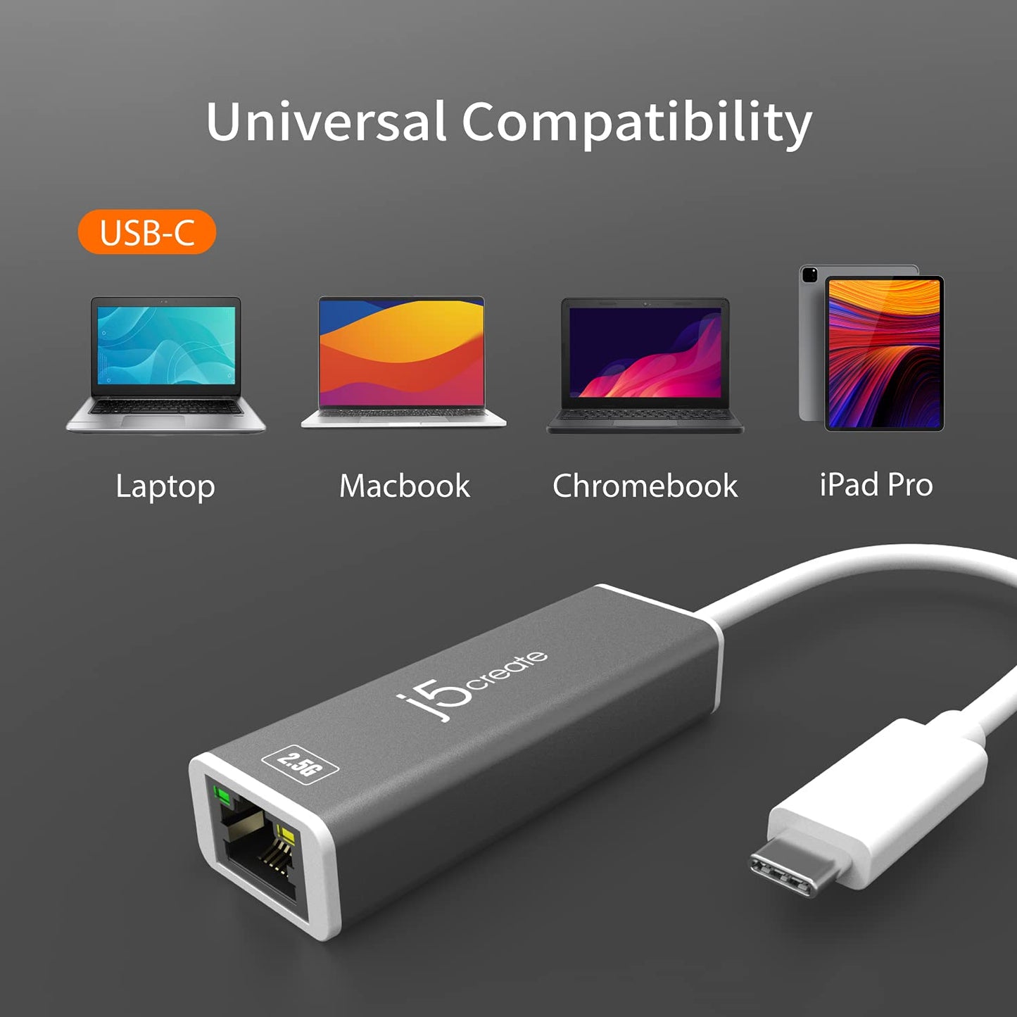 j5create USB-C to 2.5G Ethernet Adapter, RJ45 LAN 2.5 Gigabit Network to USB Type C/Thunderbolt Converter, Compatible for MacBook Pro/Air, Tablets
