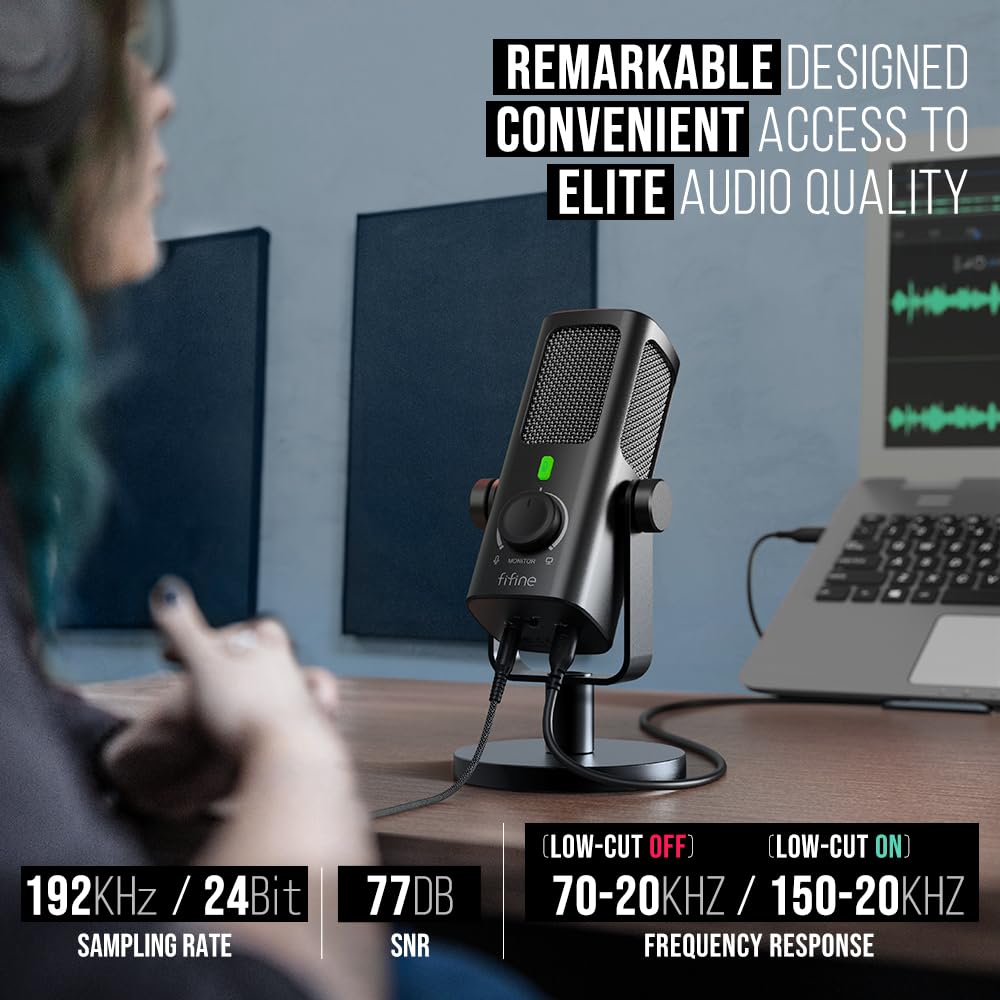 FIFINE USB-Podcast-Condenser-Microphone for Studio-Recording/Computer-Streaming, Desktop-Metal-Mic for YouTube Music Vocal Creation, with Monitor-Mix