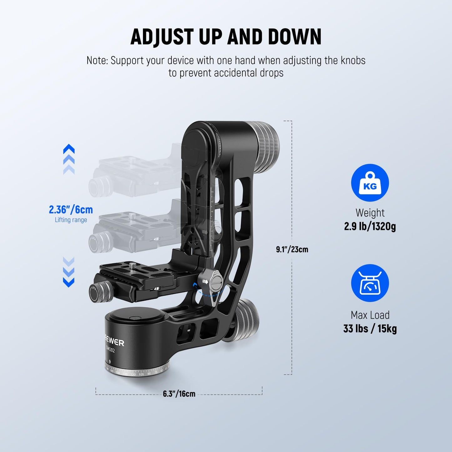 NEEWER GM102 Gimbal Head for Tripod Monopod Telephoto Lenses, 360° Panoramic Camera Tripod Head, 3 Axis Adjustment, Heavy Duty CNC Aluminum Alloy