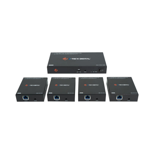 J-Tech Digital HDMI Extender Splitter 1x4 Over Single Cat5e/6 Ethernet Cable Up To 164ft. Supports PoC HDMI Loopout IR Control EDID Switch