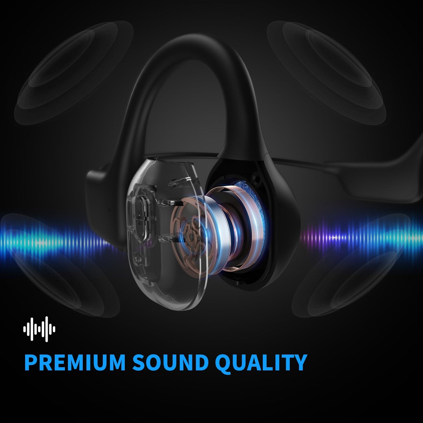 KualaLup Bone Conduction Headphones Bluetooth, Open Ear Headphones Wireless Bluetooth with 6-10H Long Life Black