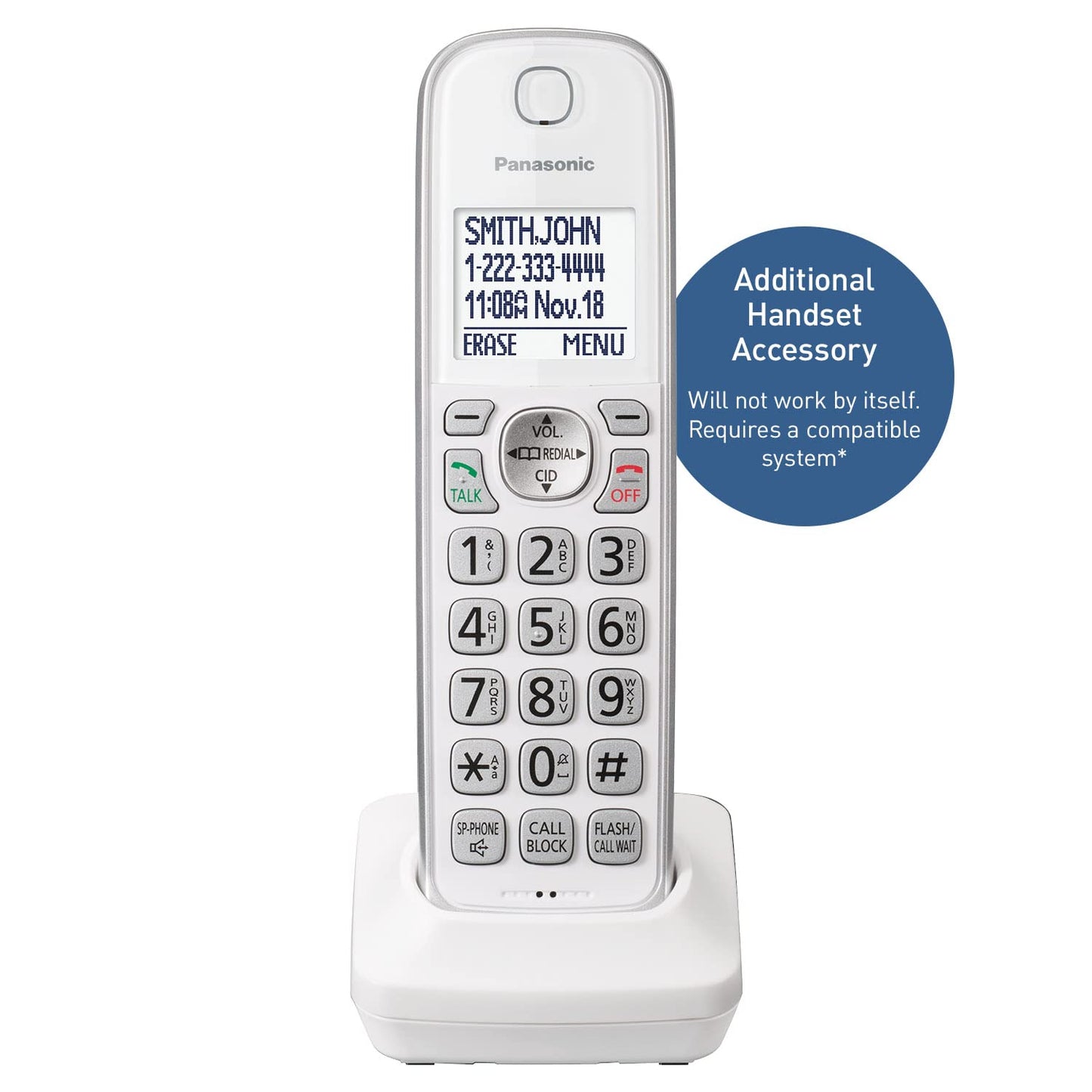 Panasonic Additional Cordless Phone Handset for use with KX-TGD63x Series Cordless Phone Systems - KX-TGDA63W (White/Silver)