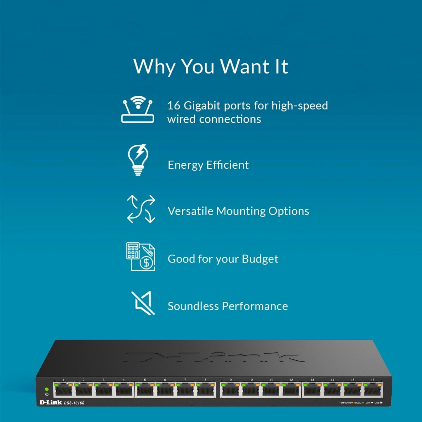 D-Link Ethernet Switch, 16 Port Gigabit Slim Switch Plug and Play, Unmanaged, Metal Housing, Quiet Fanless Design, IEEE 802.3az EEE, 5-Year Limited