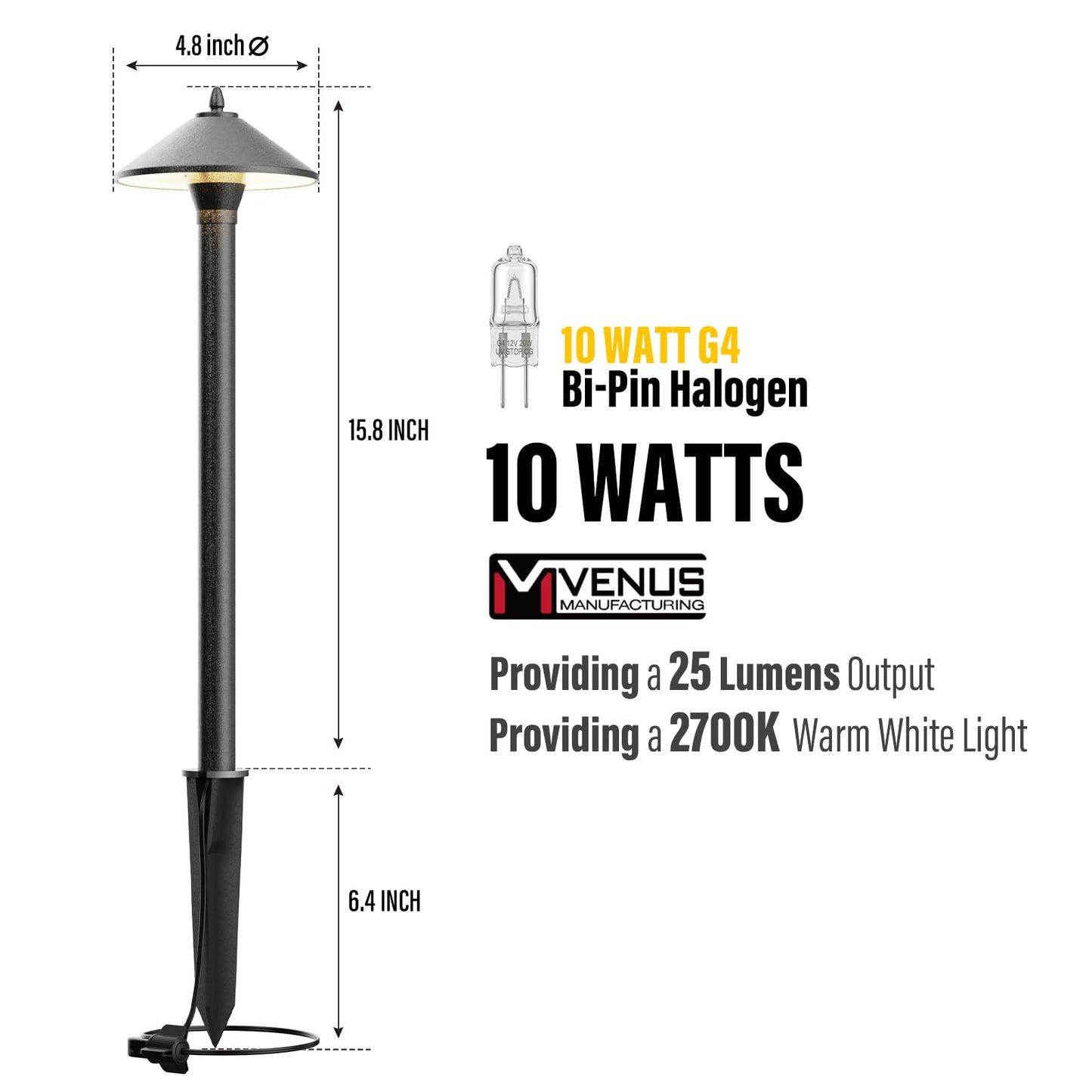 VENUS MANUFACTURING Low Voltage Pathway Lights Outdoor Landscape Lighting 10W 25 Lumen 2700K Die-cast Aluminum Housing 12V Garden Halogen Path Lights