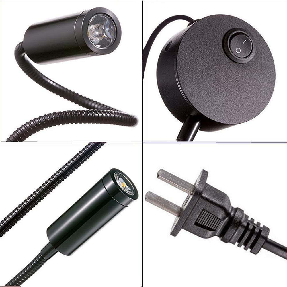 WeFoonLo 3W Wall Mounted Reading Light Flexible Gooseneck LED Sconce Lamp with Plug & Switch for Bedroom, Office, Workbench, Studio (01 Black Warm)