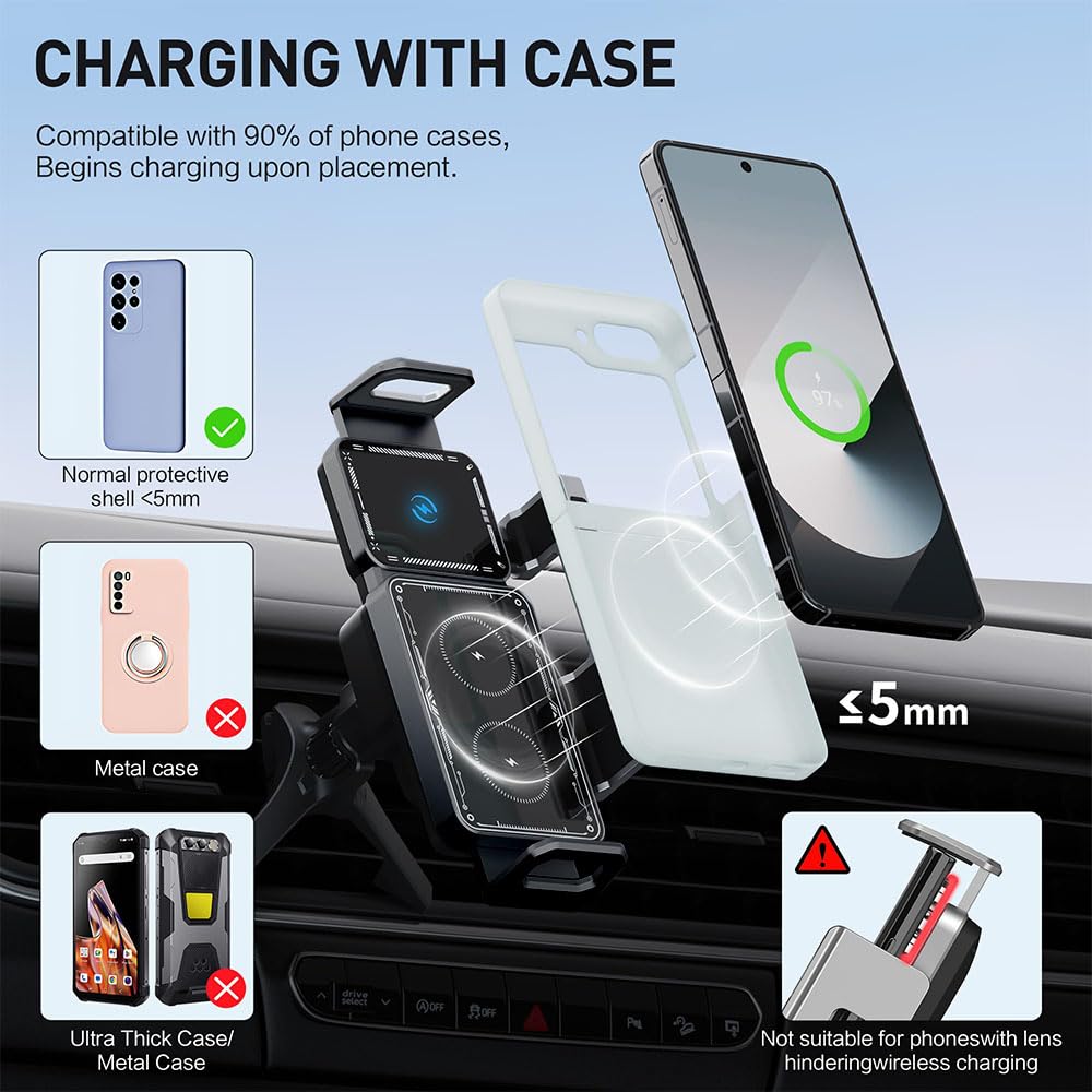 Famous Tech Shop Wireless Car Charger Mount 15W Fast Charging Phone Holder with Auto Rotation, Dual Mount Dashboard and Windshield Car Phone Holder