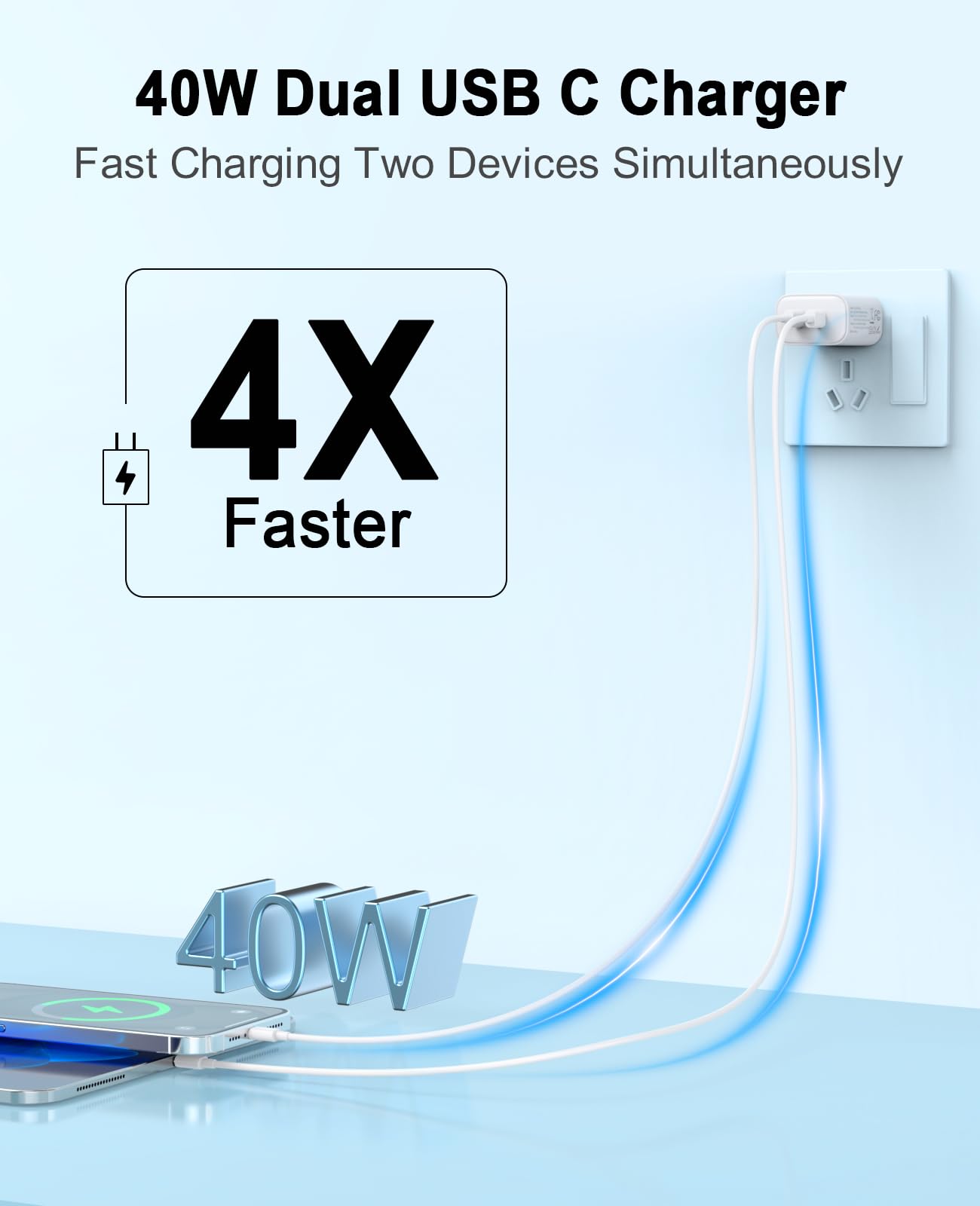 iPhone 17 16 15 Charger, 4 Pack 40W USB C Charger Dual Port Fast Charging Block (4-Pack 6 ft USB C to C Cable Cord Included) for iPhone 17 16 15 Pro