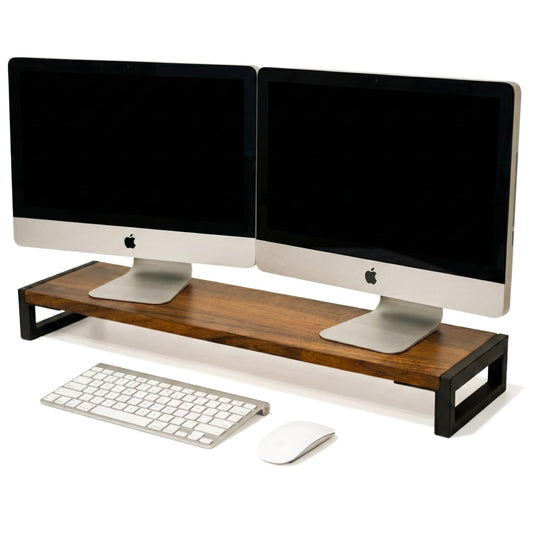 Dual Monitor Stand Riser for Desk - 40” Wide Walnut Solid Wood Desk Riser with Metal U-Legs, Scratch-Resistant, Hassle-Free Assembly