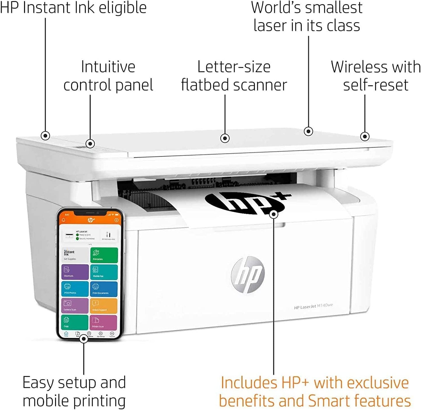 HP Laserjet MFP M140we Wireless All-in-One Monochrome Laser Printer and Bonus 6 Months Instant Ink, White - Print Copy Scan - 21 ppm, 600 x 600 dpi