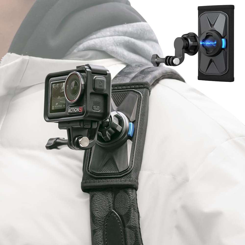 SUREWO Magnetic Backpack Mount,360° Backpack Shoulder Strap Mount with Universal Ball J Hook Compatible with Go Pro Hero 13/12/11/10/9/8/7/6/5