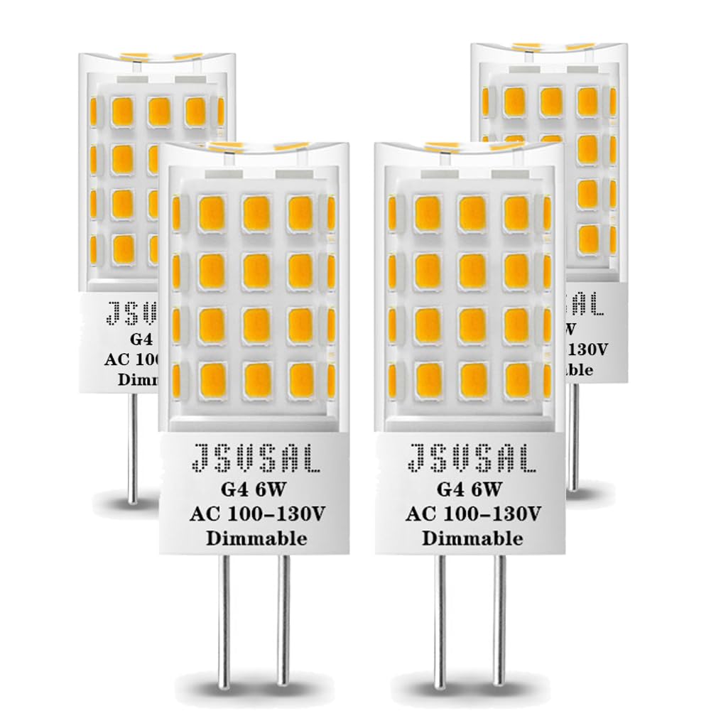 JSVSAL G4 LED Bulb Dimmable,T3 JC Type,AC 120V 6W Soft White 3000K,4-Pack