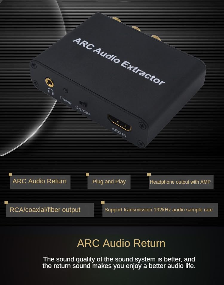 HDMI ARC Audio Extractor, SPDIF Optical Coaxial to RCA 3.5mm Stereo Audio Converter Adapter, Support 192kHz & 5.1CH for HDTV, Headphone Amp for Home