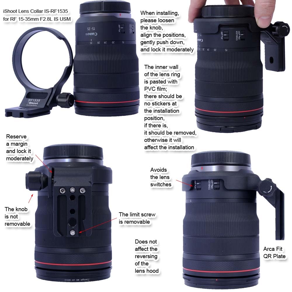 iShoot Tripod Mount Ring Lens Collar Compatible with Canon RF 15-35mm F2.8L is USM, Lens Holder Bracket Support Bottom is Arca-Swiss Fit Quick Release
