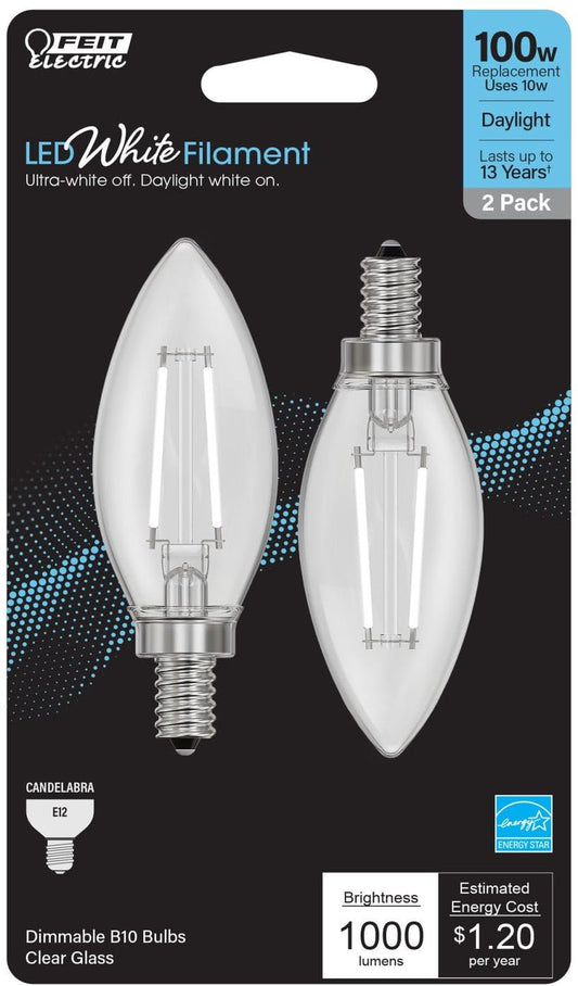 Feit Electric BPCTC100950CAWFIL/2 Daylight Torpedo-Tip Exposed White Filament LED Bulb, 2 Bulbs per Pack; 10W; 100W Equivalent; E12 Base; 5000K; 90