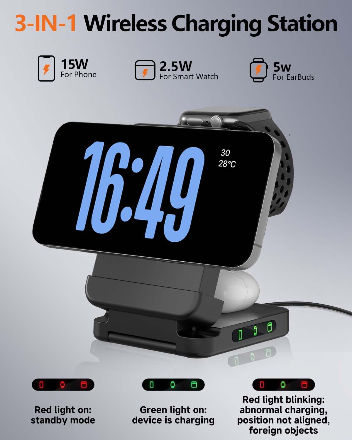 3-in-1 Foldable Wireless Charging Station, 15W Qi2 Magnetic Charger Stand for iPhone, Samsung, Apple Watch, Galaxy Watch, AirPods and Galaxy Buds
