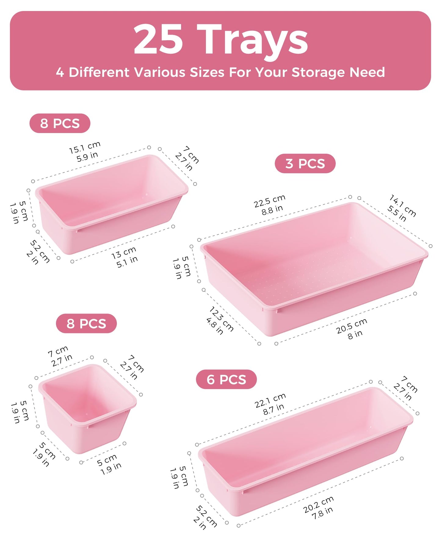 BiuLeon 25 PCS Plastic Drawer Organizers Set, 4-Sizes Vanity and Makeup Organizer, Desk and bathroom Drawer Organizer Trays, Organizers and Storage
