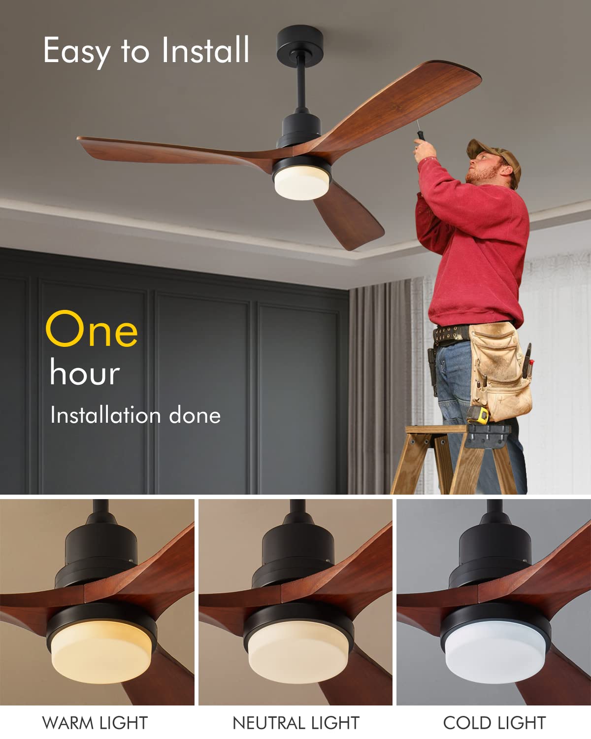Chriari Modern Ceiling Fans with Lights, 3 Wood Fan Blades, 52" Black with Remote Control, Noiseless Reversible DC Motor for Bedroom/Living