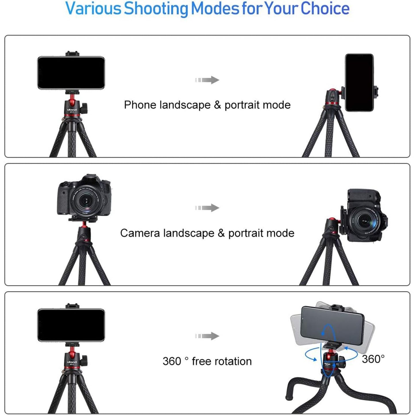ULANZI Camera Tripod, Mini Flexible Stand w Hidden Phone Holder w Cold Shoe Mount, 1/4'' Screw f Magic Arm, Universal f iPhone 17 16 15 14 Pro Max XS
