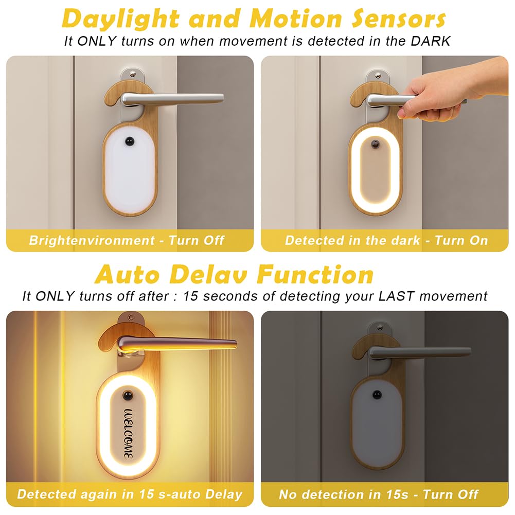 LANDGOO 1-Pack Retro Wooden Door Knob Night Light with Motion Sensor & Message Board, Rechargeable Wall Mount Lamp with Hook, Hotel Style LED Light