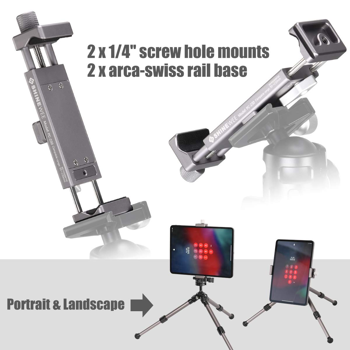 SHINEWEE Full Metal Tablet Tripod Holder - Compatible with iPad mini/Air/Pro | 1/4" Screw & Arca-Swiss Dovetail Mounts | Universal Tablet Clamp