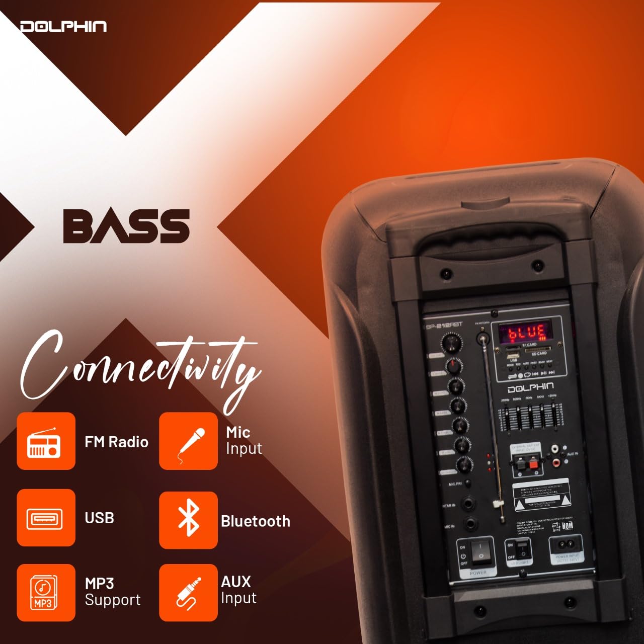 Dolphin BoxParty 212 Dual 12" Portable Bluetooth Party Speaker - Loud Sound with Deep Bass, LED Lights, PA System, 5-Band Equalizer, and Expandable