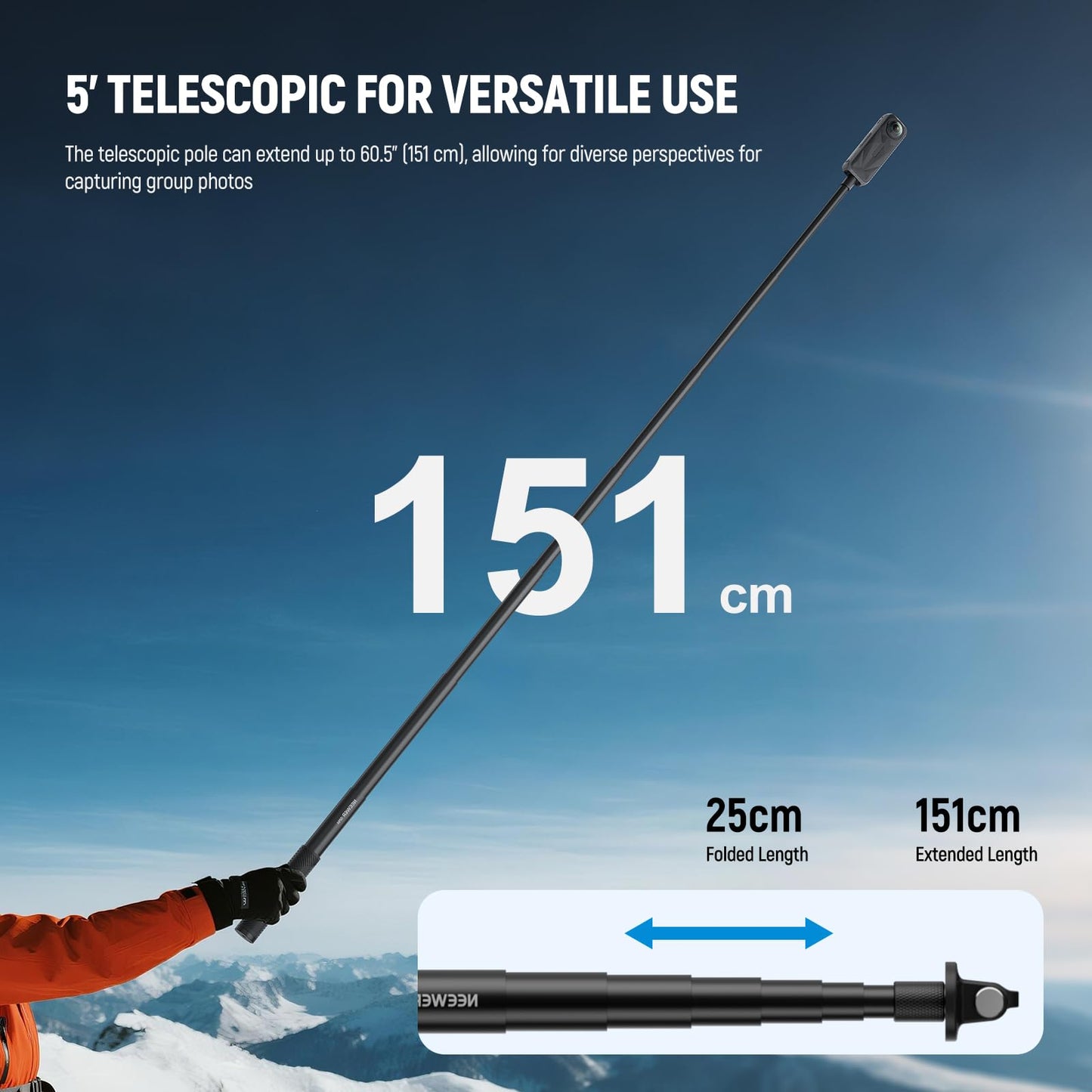NEEWER Extension Rod Kit Compatible with DJI OSMO Action 5 Pro 4 3 GoPro Insta360 AKASO, 60.5" Invisible Selfie Stick, Action Camera Adapter