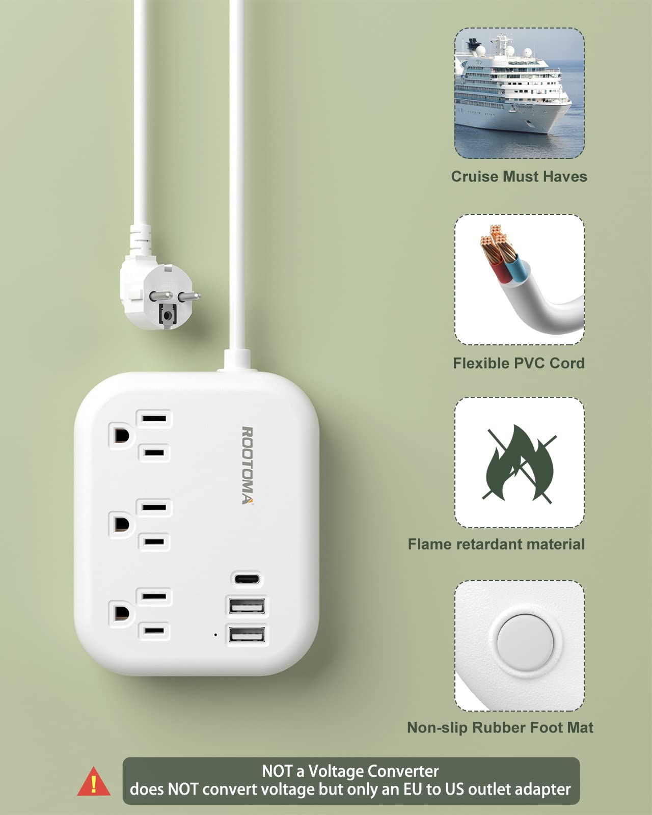 European Travel Plug Adapter with USB C, ROOTOMA Outlet Adapter US to Europe 3 Outlets 3 USB Ports, International Power Strip for EU Spain France