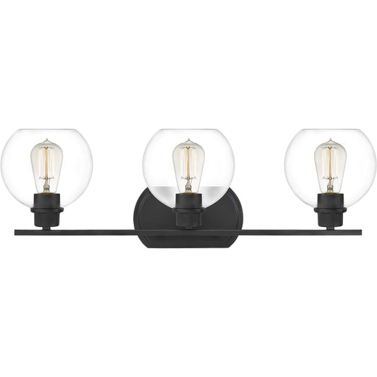 Quoizel Pruitt Transitional Vanity Lights, 26.25 Inch 3-Light Matte Black Bathroom Lighting Fixtures Over Mirror, Wall Mount Light for Bathroom