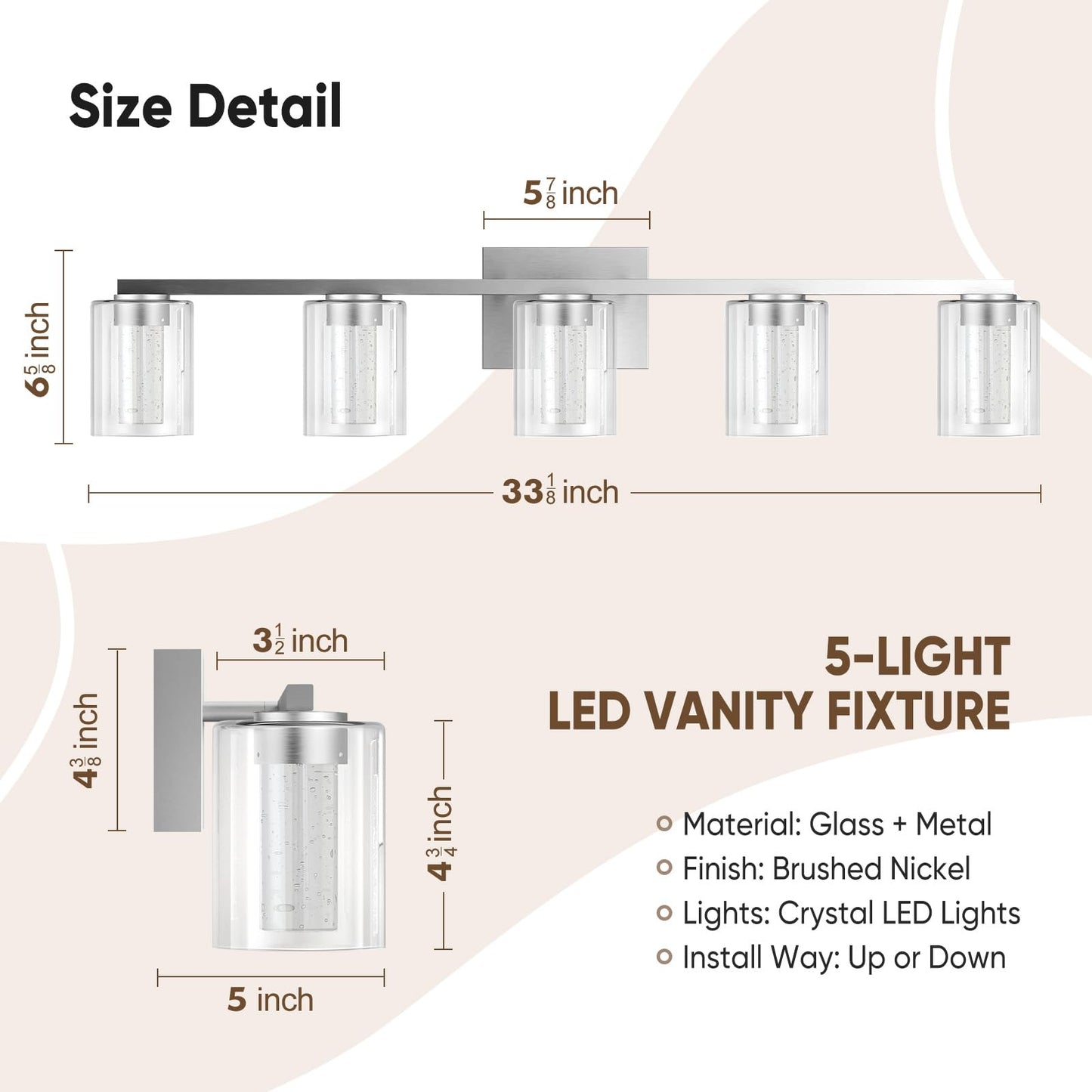 LED Modern Bathroom Light Fixtures Over Mirror, 5-Light Brushed Nickel Vanity Lights with 5 Color Modes, Dimmable Bathroom Vanity Light with Crystal