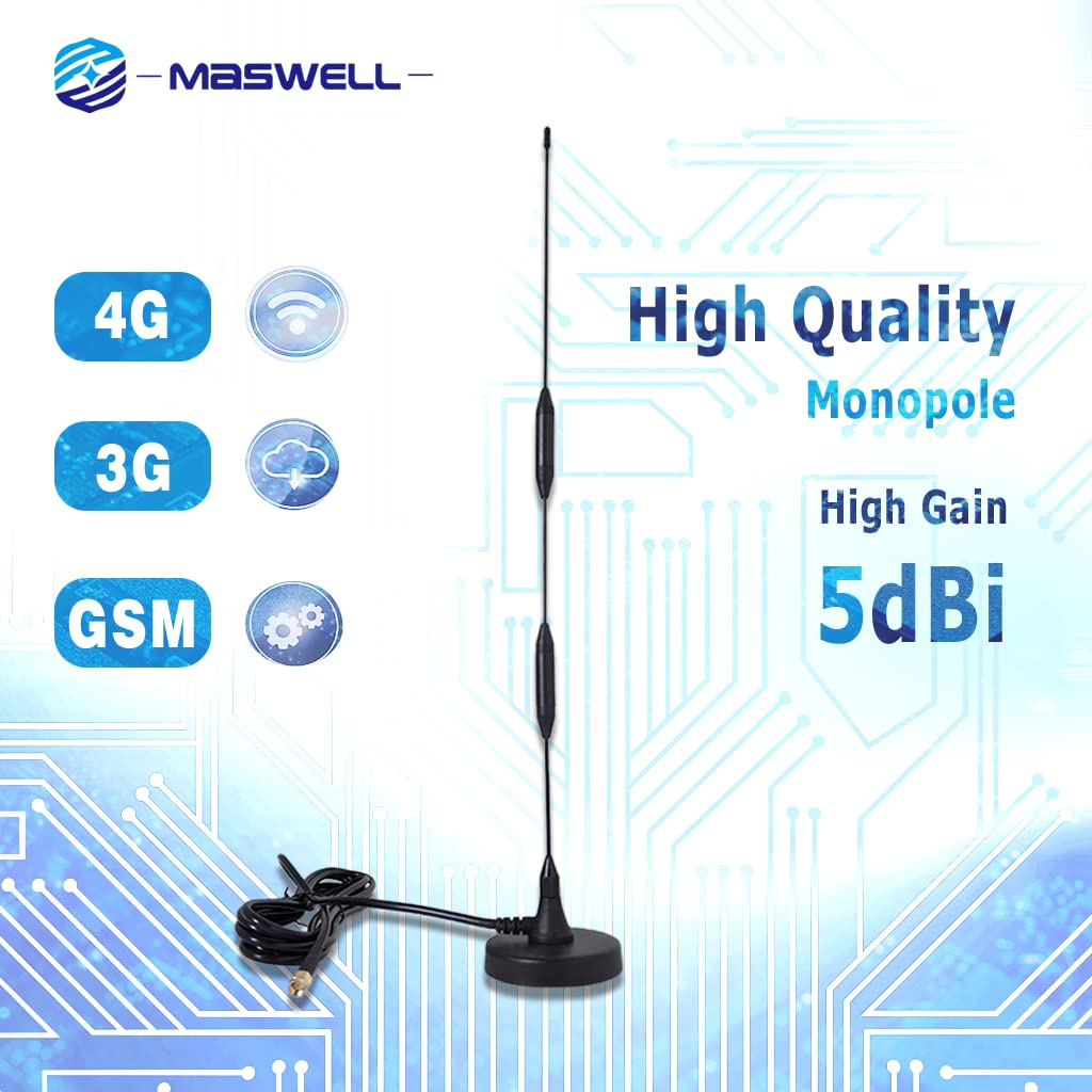 MASWELL Cellular Antenna 4G Whip Antenna High Gain 5dBi Magnet Mount for Cellular 4G LTE 3G and GSM Long Monopole 700MHz Band Included Connector