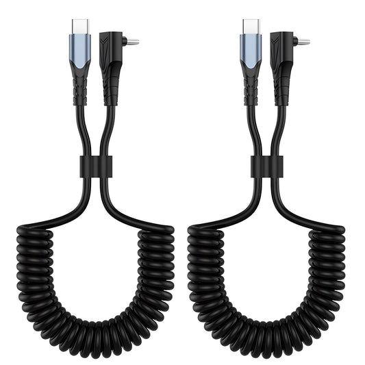HORNORM 2 Pack Coiled USB C to USB C Cable - 90 Degree Right Angle Type C, 60W Fast Charging, Retractable Spring Spiral, USB-C Charger Cord with Data