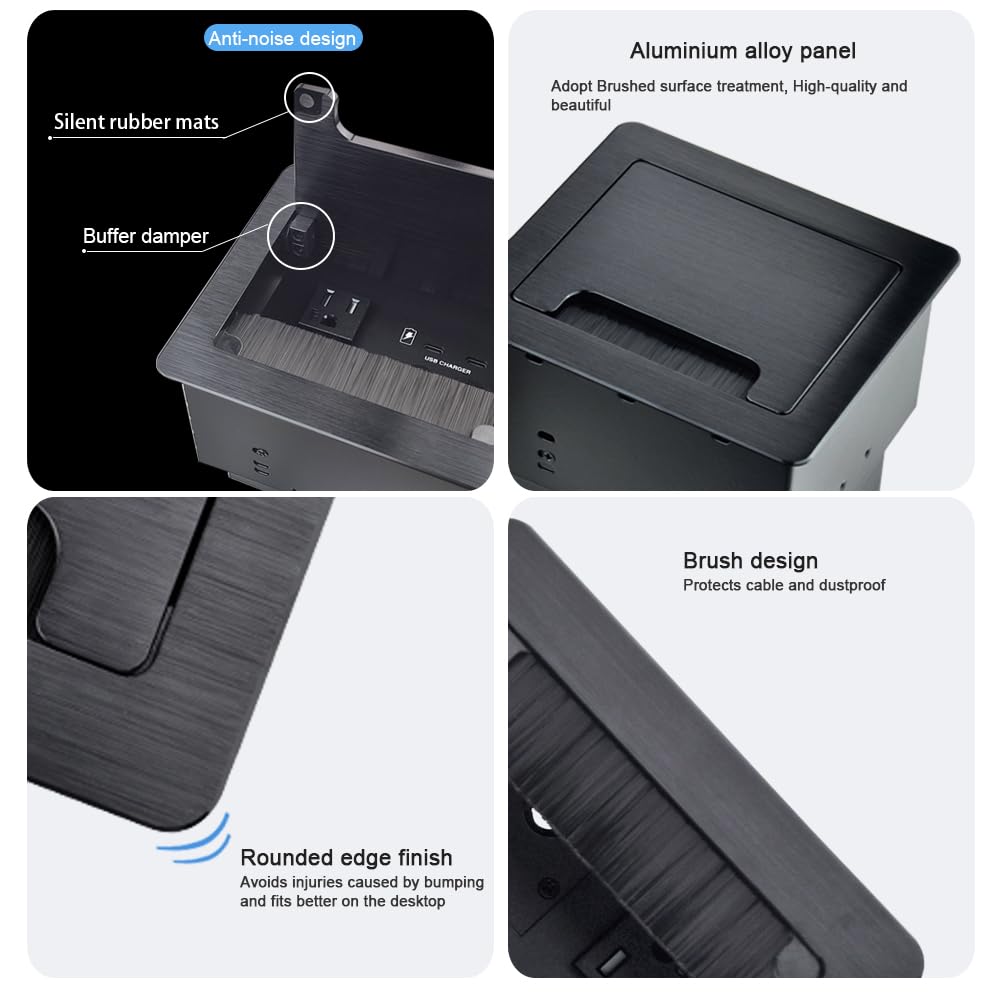 Conference Table Power Hub?Tabletop Brush Cable Cubby Connectivity Box with 2 AC Power + 2 USB-C Charger(33W) + 4 Cable Holes with 5.58ft Power Cord