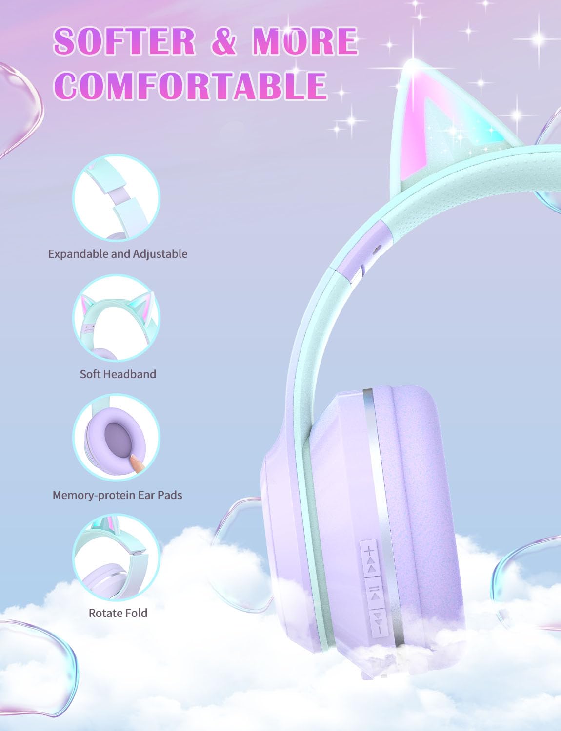YOYOTUNE Bluetooth Kids Headphones,Cat Ear LED Light Up Kids Wireless Headphones,Bluetooth 5.1&Stereo Sound, Foldable,Adjustable Headband,Children…