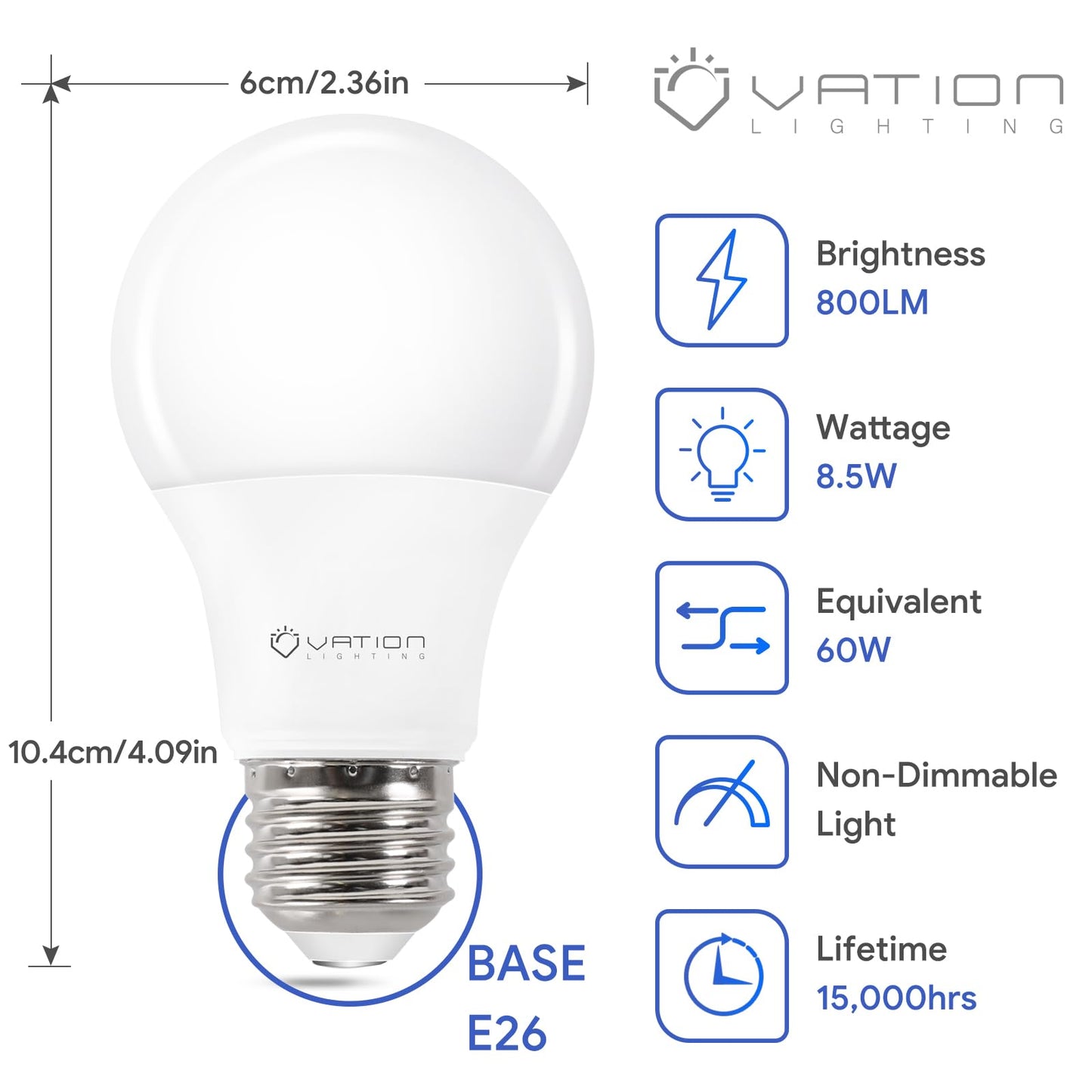 VATION LIGHTING 24 Pack A19 LED Light Bulb Daylight 5000K LED Bulbs, 60 Watt Equivalent, Efficient 8.5 Watt, 800 Lumens, E26 Medium Base