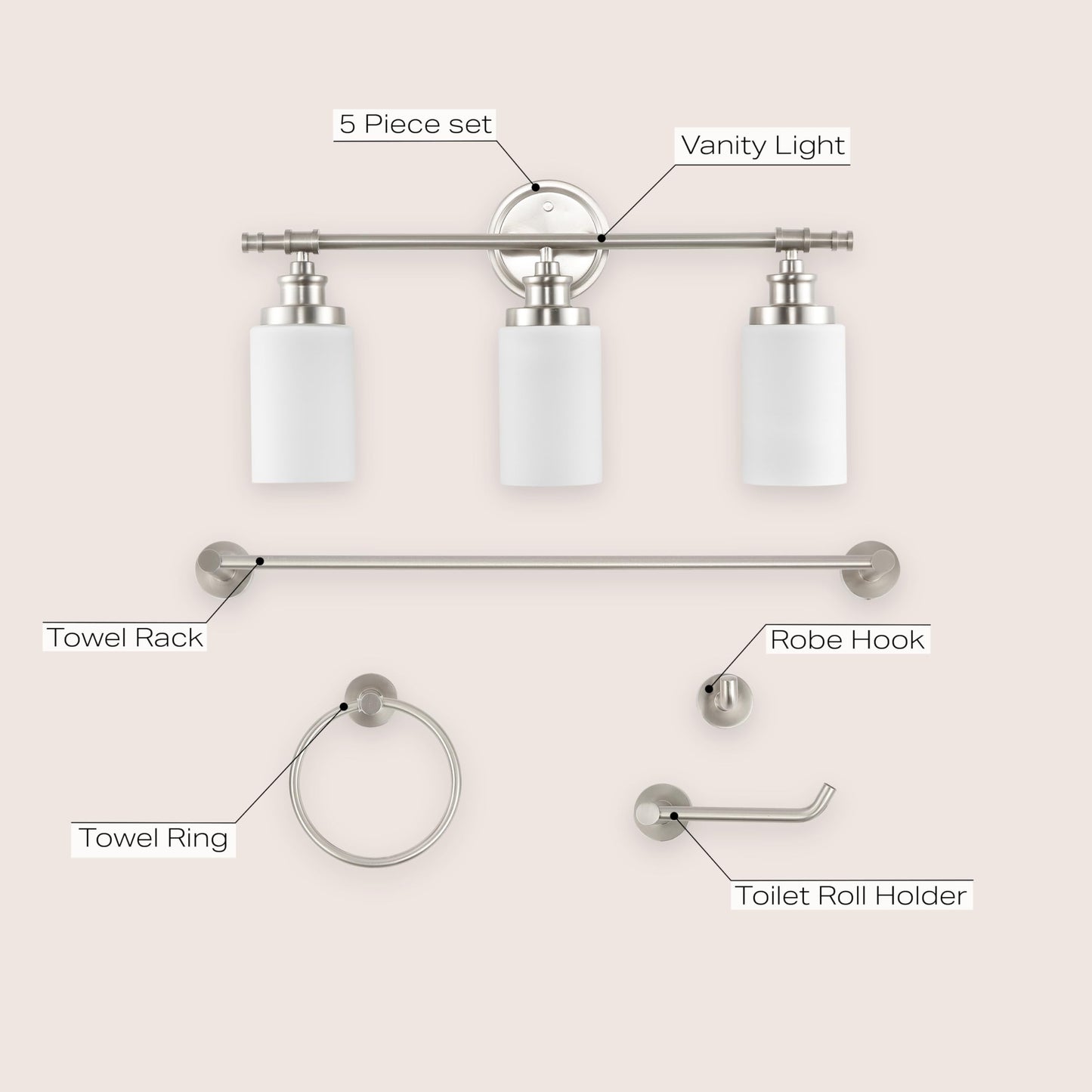 JONATHAN Y JYL1503C Egan 23.25" 3-Light Classic Cottage Vanity Light with Frosted Glass Shades and Bathroom Accessory Set, Brushed Nickel (5-Piece)