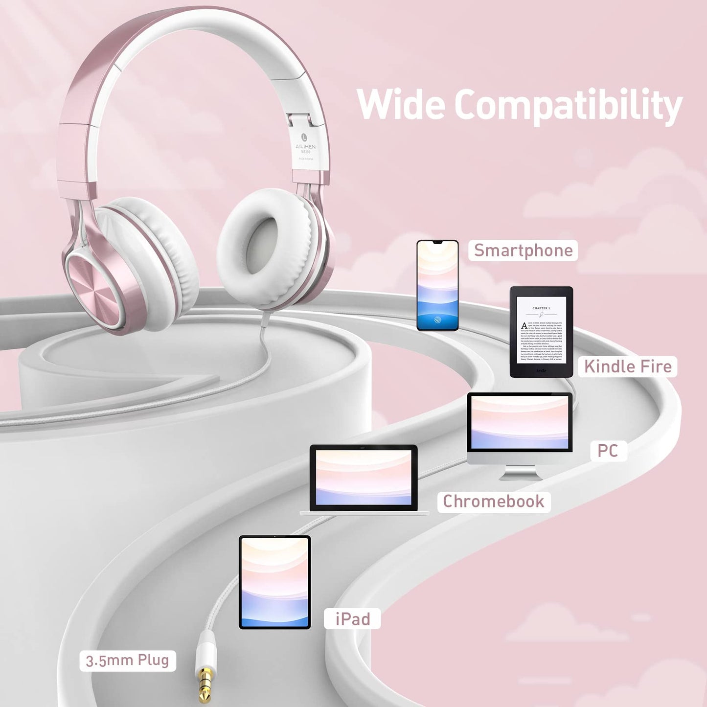 AILIHEN Wired Headphones with Mic, Girls Headphones for School, On-Ear Headsets for Chromebook Laptop Computer, Foldable Adjustable Teen Kids, Plug in
