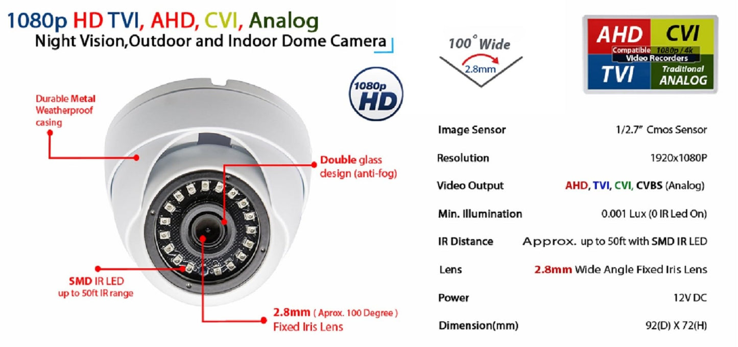 Evertech 2MP AHD TVI CVI Analog Security Dome Camera, Fixed Wide Angle Lens, Day & Night Indoor Outdoor Waterproof Camera with 50ft Cable and Power