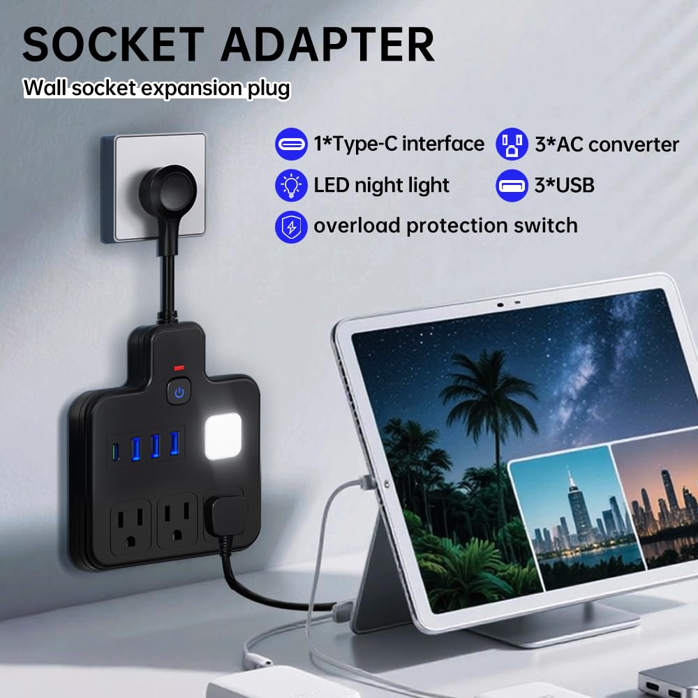 Short Extension Cord with USB Ports, Multi Plug Outlet Extender Surge Protector with 3 AC Outlets 4 USB (1 USB C 5V/1A), Flat Wall Charging Station